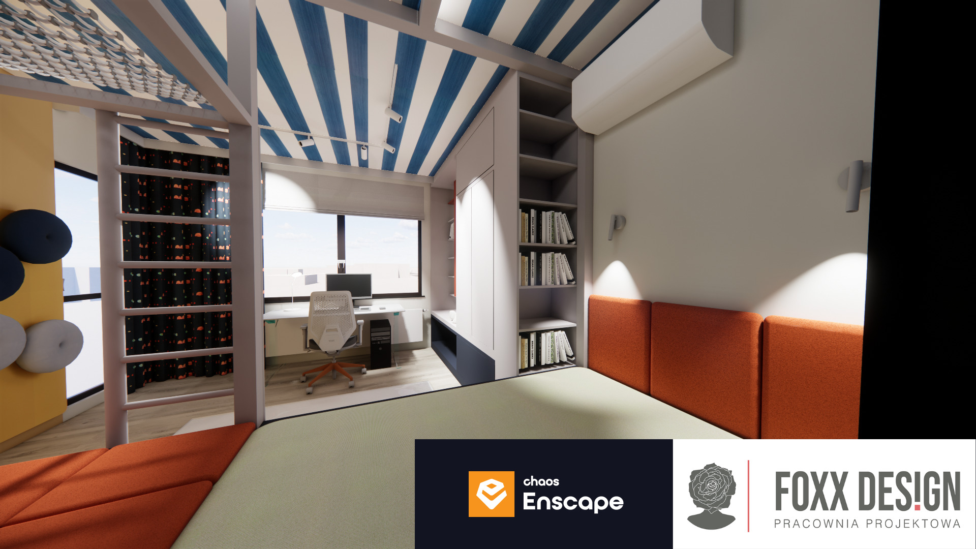 Wizualizacja pokoju dziecięcego z łóżkiem na antresoli, biurkiem przy oknie i regałem. Charakterystyczny sufit w biało-niebieskie pasy. Projekt Foxx Design.