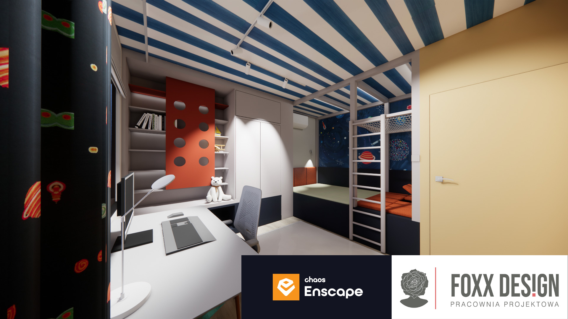 Wizualizacja pokoju dziecięcego z łóżkiem piętrowym, biurkiem i regałem. Sufit w biało-niebieskie pasy, ściana z motywem kosmosu. Nowoczesny design.