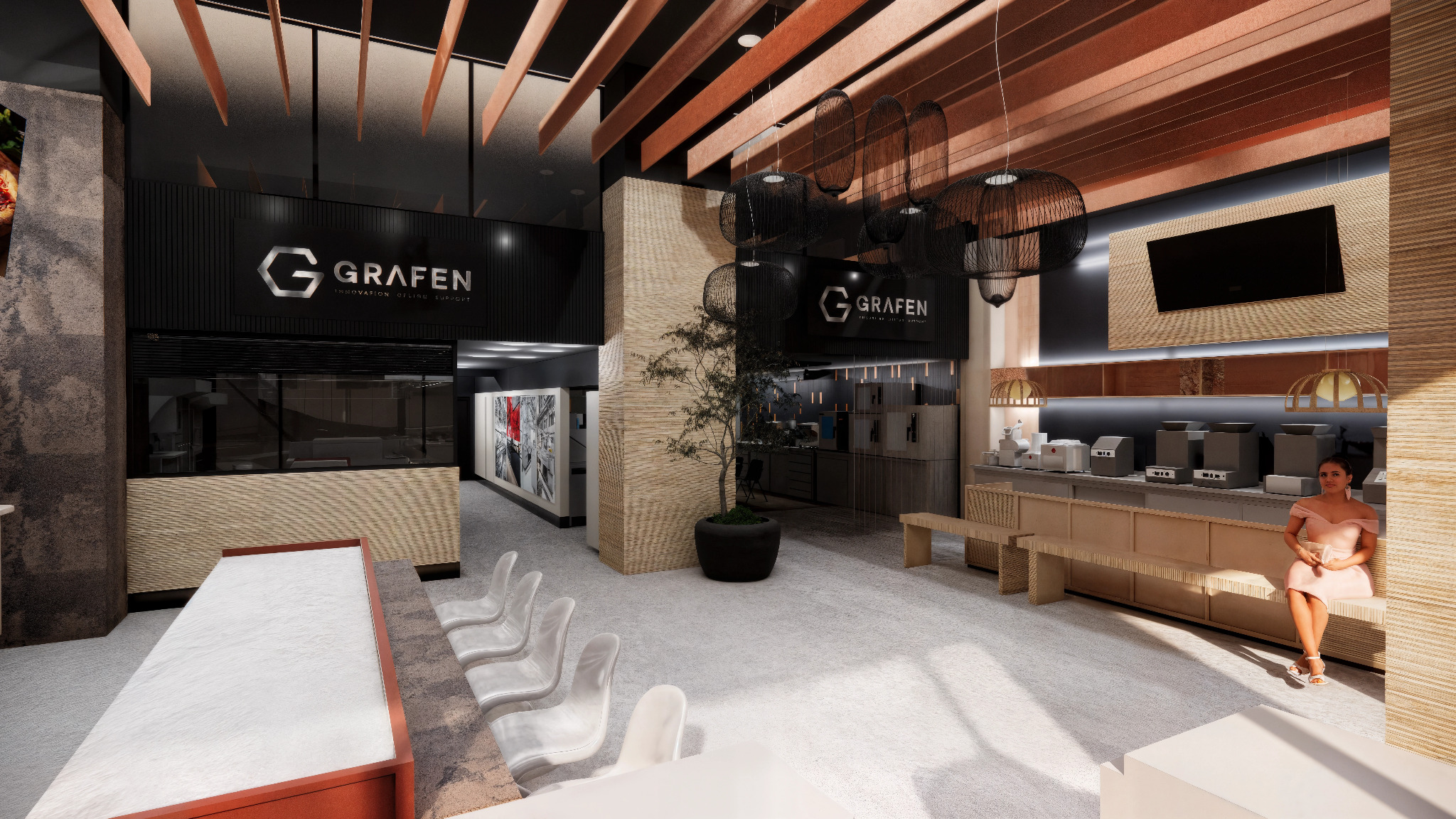Wizualizacja wnętrza biura z logo Grafen, drewnianymi elementami dekoracyjnymi, nowoczesnym oświetleniem i siedzącą kobietą. Projekt w neutralnej kolorystyce.