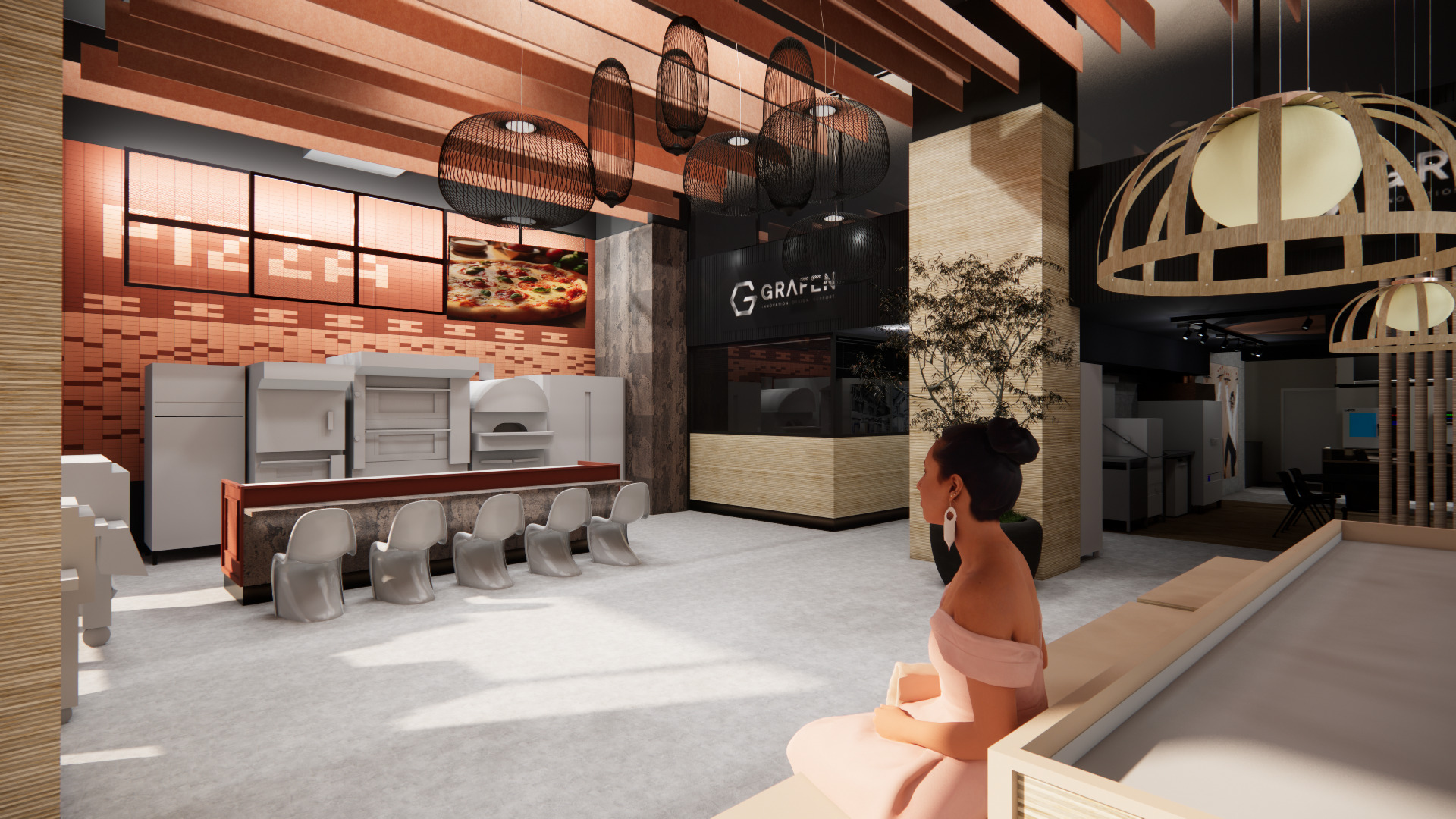 Wnętrze pizzerii z widoczną ladą, piecami i miejscami do siedzenia. Dekoracyjne lampy wiszące i wykończenie w odcieniach brązu tworzą ciepłą atmosferę. Wizualizacja 3D.