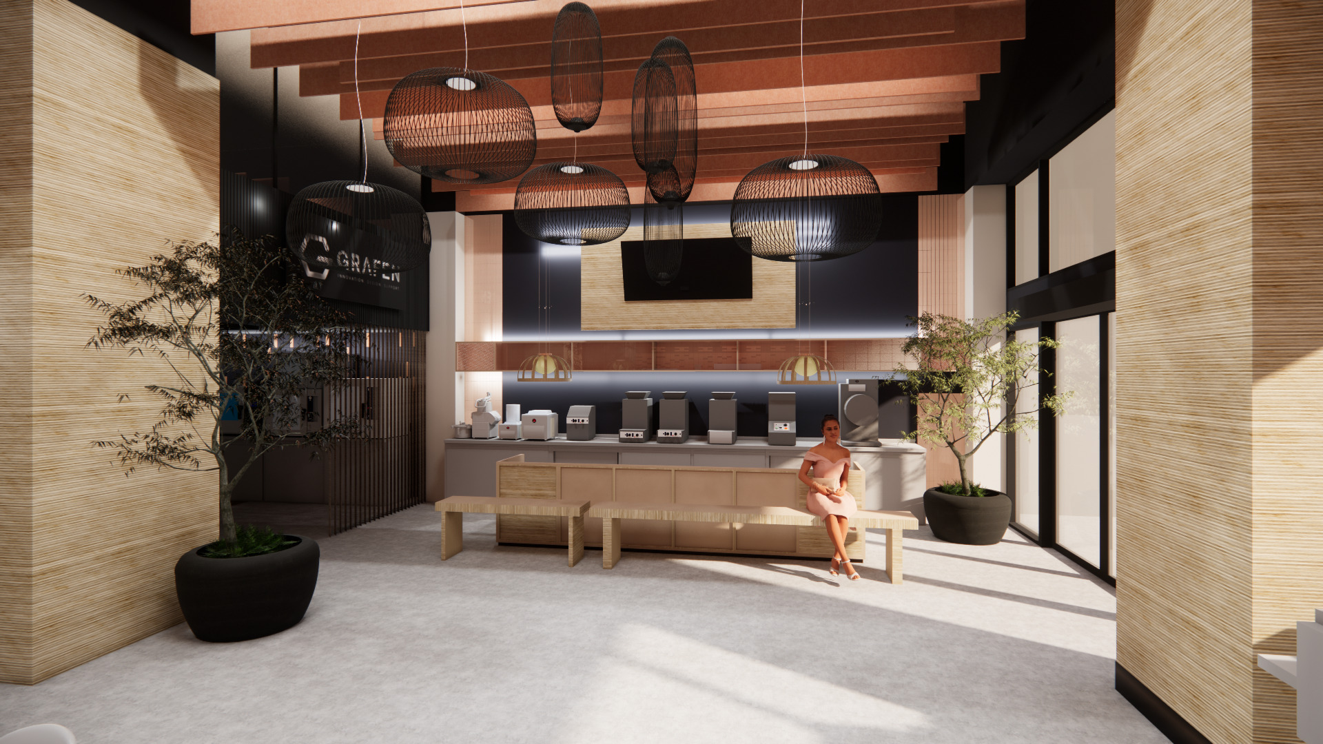 Wizualizacja wnętrza biura we Wrocławiu z drewnianymi panelami, designerskimi lampami i roślinami doniczkowymi. Kobieta siedzi na ławce, a w tle widoczny sprzęt biurowy.