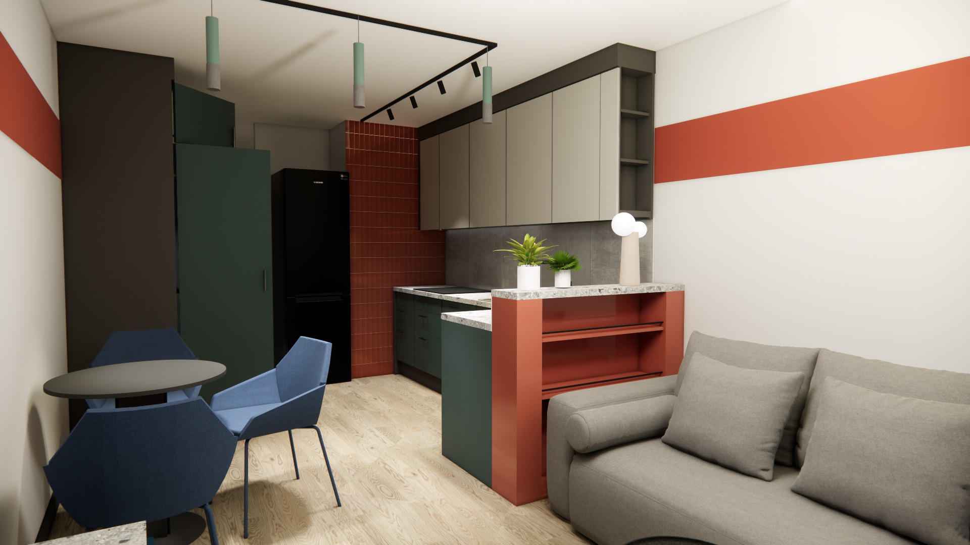 Wizualizacja małej kuchni z jadalnią i salonem w nowoczesnym stylu. Ciemne meble kuchenne, ceglana ściana, szara sofa i niebieskie krzesła tworzą spójną całość.
