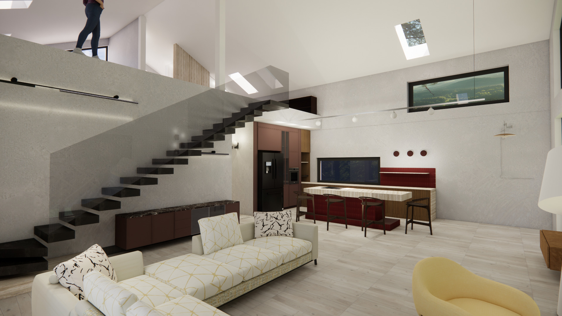 Wnętrze domu z otwartą przestrzenią: schody z czarnymi stopniami, sofa w geometryczny wzór, wyspa kuchenna z hokerami, okno dachowe i osoba na antresoli.