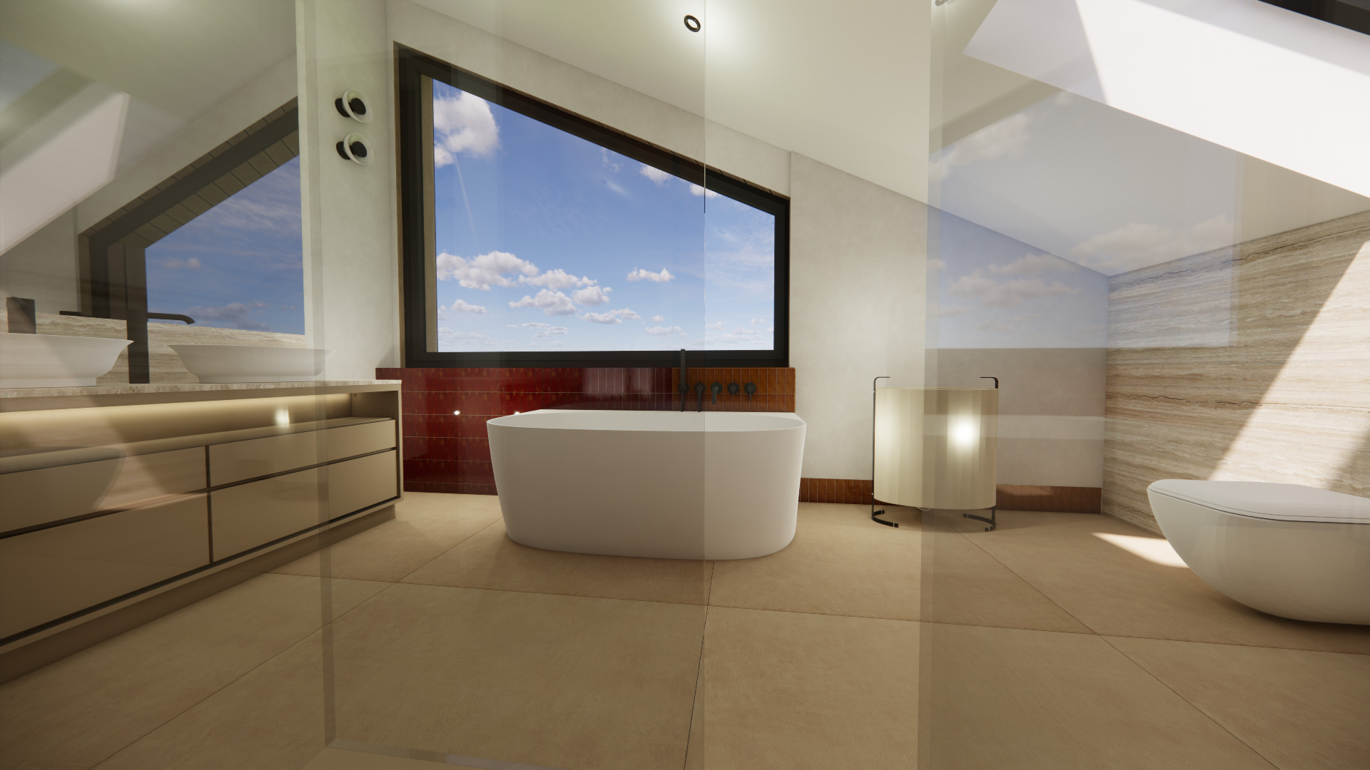 Wizualizacja łazienki z wanną wolnostojącą, umywalką nablatową i dużym oknem z widokiem na niebo. Minimalistyczny design, beżowa kolorystyka, nowoczesne oświetlenie.