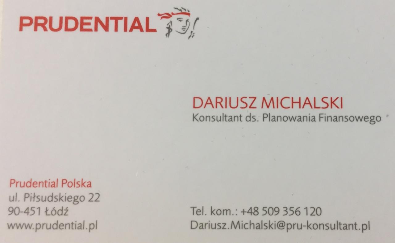 Wizytówka konsultanta ds. planowania finansowego Dariusza Michalskiego z Prudential Polska, zawierająca logo firmy, adres, numer telefonu i adres e-mail.