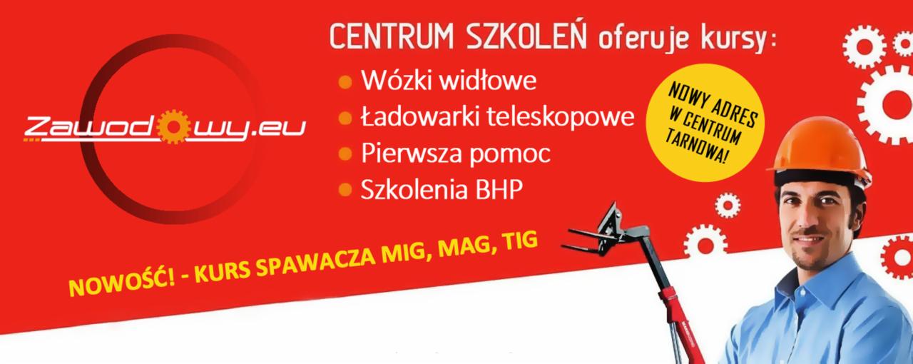 Grafika reklamowa centrum szkoleń z ofertą kursów: wózki widłowe, ładowarki teleskopowe, pierwsza pomoc, BHP oraz nowy kurs spawacza MIG, MAG, TIG. W tle uśmiechnięty mężczyzna w kasku.