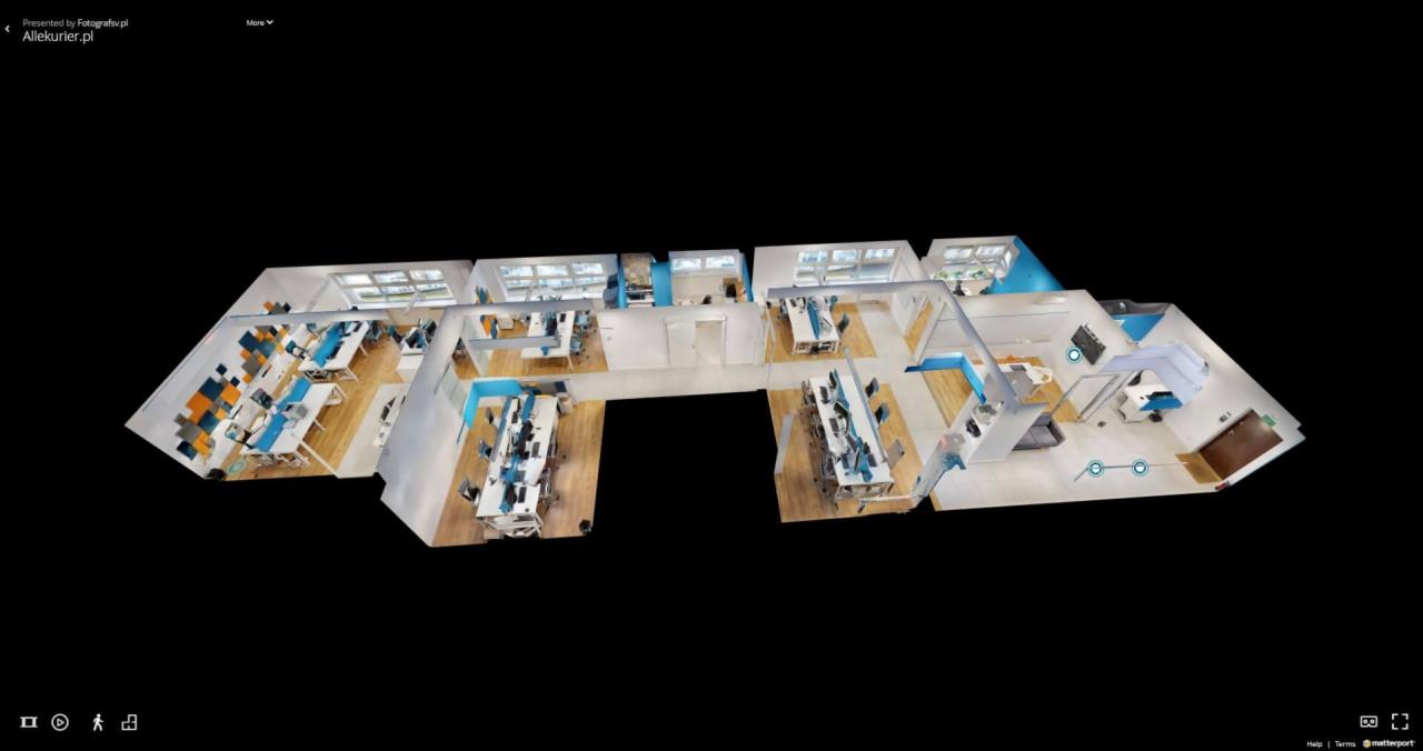 Sękowa: Wirtualny spacer 3D po nowoczesnym biurze z białymi biurkami, niebieskimi akcentami i drewnianą podłogą, widok z góry.