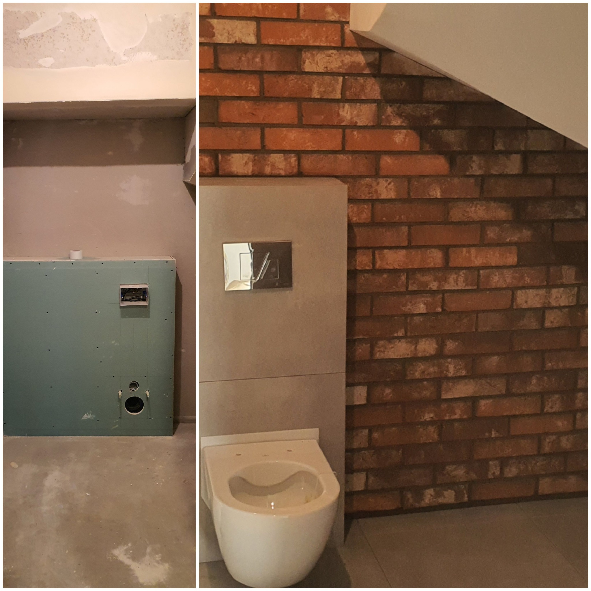 Łazienka w trakcie remontu w Sępopolu: widoczna ściana z płyt kartonowo-gipsowych z instalacją elektryczną oraz fragment wykończonej ściany z cegły i podwieszana toaleta.