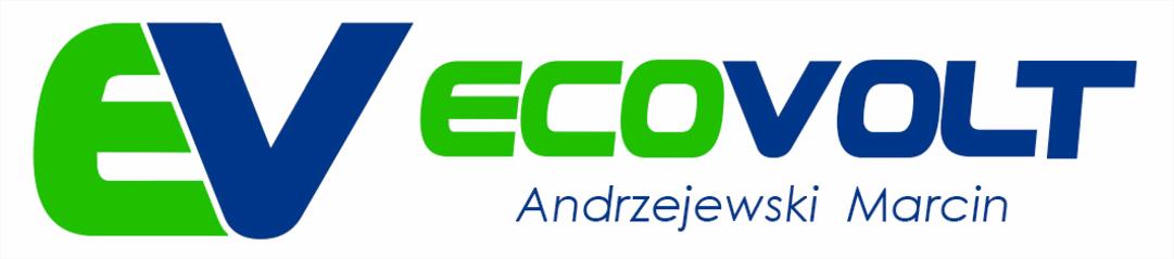 Logo firmy ECOVOLT Andrzejewski Marcin z zielono-niebieskim symbolem EV i nazwą firmy w kolorze zielonym, umieszczone na białym tle.