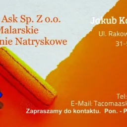 Reklama firmy Tacoma Ask Sp. z o.o. oferującej usługi malarskie, prezentująca wałek malarski z pomarańczową farbą na białym tle, obok dane kontaktowe.