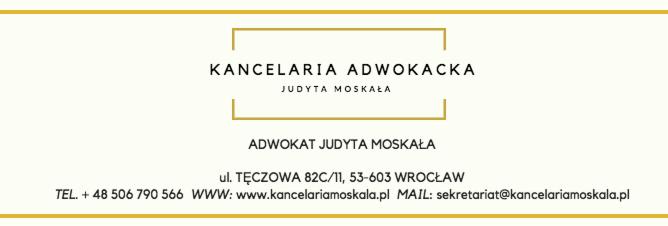 Eleganckie logo Kancelarii Adwokackiej Judyta Moskała z danymi kontaktowymi: adres ul. Tęczowa 82C/11 we Wrocławiu, numer telefonu, adres strony internetowej i adres e-mail.
