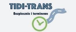 Logo firmy transportowej TIDI-TRANS z hasłem 'Bezpiecznie i terminowo', stylizowana droga i zegar w kolorach niebieskim i zielonym.