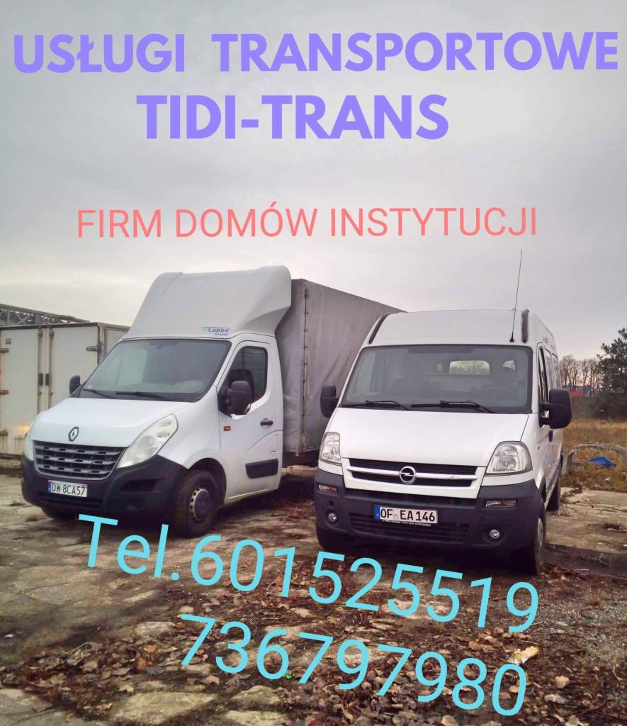 Dwa białe busy transportowe marki Renault i Opel, zaparkowane na placu. Na górze zdjęcia widnieje napis 'USŁUGI TRANSPORTOWE TIDI-TRANS FIRM DOMÓW INSTYTUCJI' oraz numery telefonów.