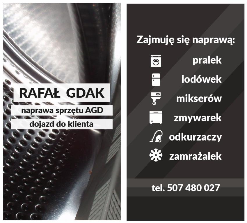 Wnętrze bębna pralki widziane z bliska, obok wizytówka firmy Rafała Gdaka oferującej naprawę sprzętu AGD z dojazdem do klienta, w tym pralek, lodówek, zmywarek, mikserów, odkurzaczy i zamrażalek...