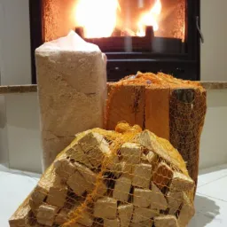 Brykiet drzewny w siatkach i walec z trocin na tle płonącego kominka.