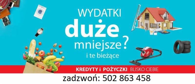 Grafika reklamowa z różnorodnymi przedmiotami symbolizującymi wydatki, w tym pralka, zegarek, zakupy spożywcze, dom w trakcie remontu, odkurzacz i opony samochodowe na turkusowym tle z hasłem...