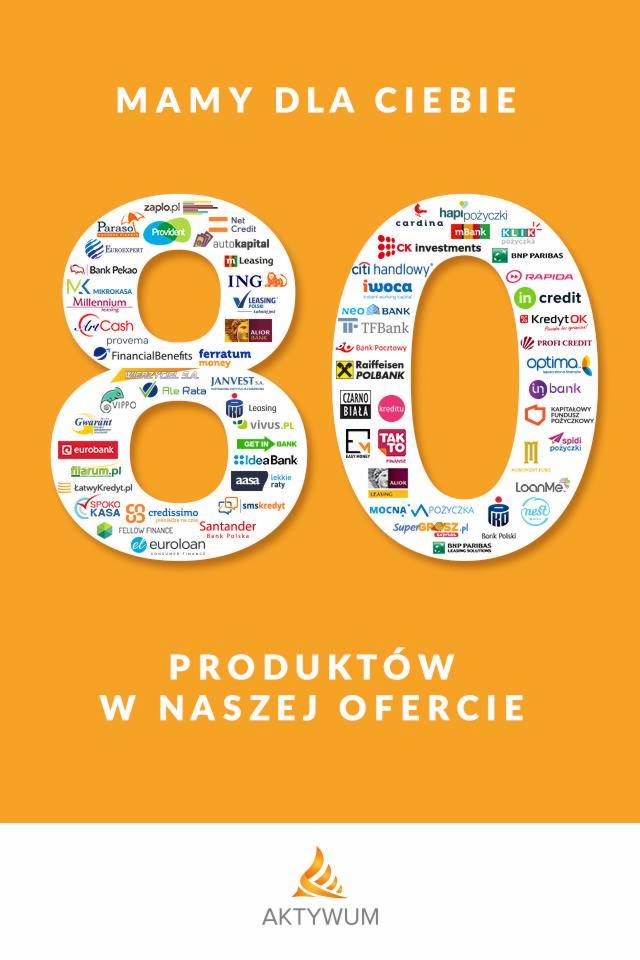Grafika reklamowa z logotypami różnych firm oferujących pożyczki i leasingi, ułożonymi w kształt liczby 80 na pomarańczowym tle, z hasłem 'Mamy dla Ciebie 80 produktów w naszej ofercie' i logo...