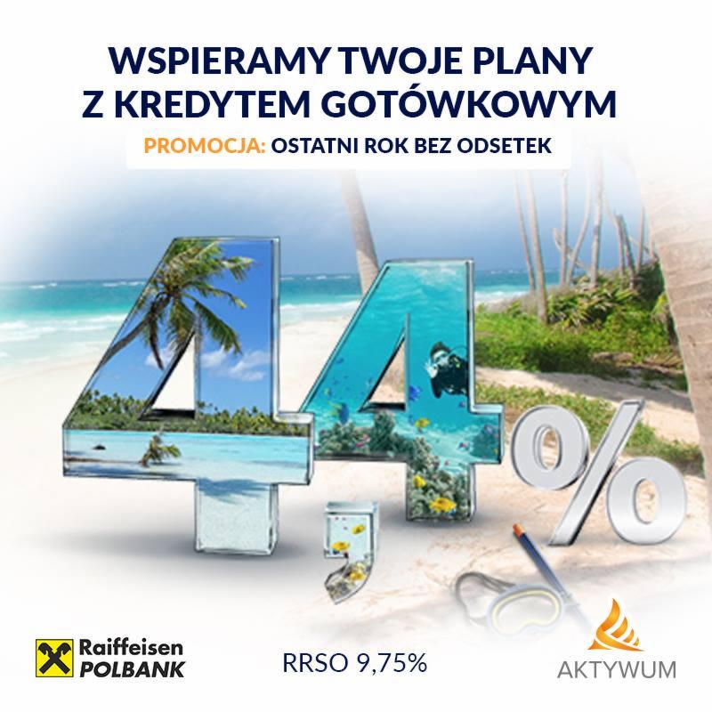 Reklama kredytu gotówkowego z motywem wakacyjnym: liczba 44 wypełniona plażą i podwodnym życiem, nurkująca osoba, okulary i fajka do nurkowania, logo Raiffeisen Polbank i AktywuM.
