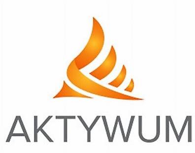 Logo firmy AKTYWUM z abstrakcyjnym symbolem płomienia w odcieniach pomarańczy nad nazwą, na białym tle.