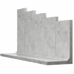 Szare, betonowe segmenty schodkowej konstrukcji oporowej z metalowymi uchwytami do podnoszenia, widoczne z boku na białym tle.