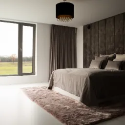 Nowoczesna sypialnia z dużym oknem, beżowa pościel i pluszowy dywan na białej podłodze, widok na jesienny krajobraz za oknem.