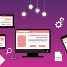 Ilustracja przedstawia urządzenia elektroniczne - komputer stacjonarny, laptop, tablet i smartfon - wyświetlające podobny układ strony internetowej, otoczone przez klawiaturę, lupę, okulary...