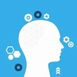 Grafika wektorowa przedstawiająca biały zarys głowy z geometrycznymi wzorami i symbolami (koła zębate, sześciokąty) na turkusowym tle, symbolizująca proces myślowy.