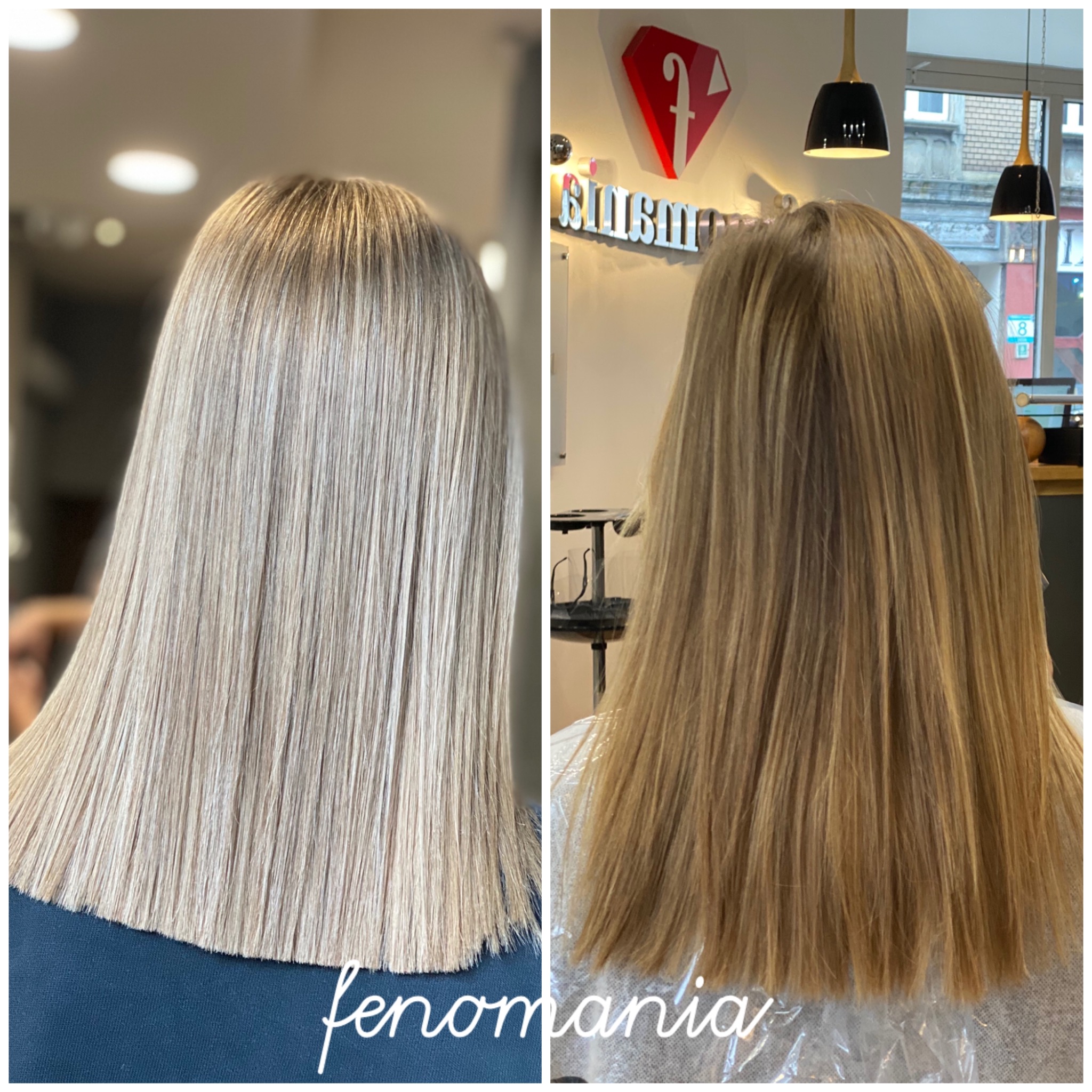 Dwa ujęcia z tyłu: po lewej włosy blond po koloryzacji z idealnie prostym cięciem, po prawej włosy przed koloryzacją w odcieniach blondu i brązu, widoczne logo salonu w tle.