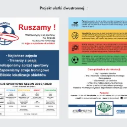 Ulotka reklamowa wielosekcyjnego klubu sportowego KS Torpeda, informująca o rekrutacji na zajęcia sportowe dla dzieci w sezonie 2019/2020, z podziałem na sekcje: pływanie, koszykówka, szachy...