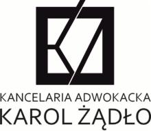Logo kancelarii adwokackiej z inicjałami w geometrycznej formie, poniżej nazwa 'KANCELARIA ADWOKACKA KAROL ŻĄDŁO' czcionką bezszeryfową.