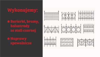 Graficzna prezentacja oferty: bramy, balustrady i barierki ze stali czarnej oraz naprawy spawalnicze, z różnymi wzorami metaloplastyki.