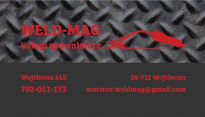 Wizytówka firmy Weld-Mag z czerwonym logo przedstawiającym spawarkę na tle metalowej blachy ryflowanej, zawierająca dane kontaktowe: adres, numer telefonu i adres e-mail.