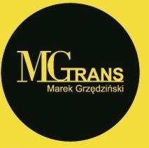 Logo firmy MG TRANS Marek Grzędziński na czarnym tle w żółtym okręgu.