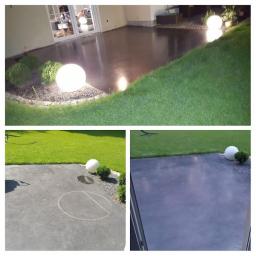 Stylbud - Błyszcząca, ciemna posadzka na zewnątrz domu z oświetleniem kulistym, widok z trzech różnych perspektyw w formie kolażu.