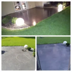 Błyszcząca, ciemna posadzka na zewnątrz domu z oświetleniem kulistym, widok z trzech różnych perspektyw w formie kolażu.