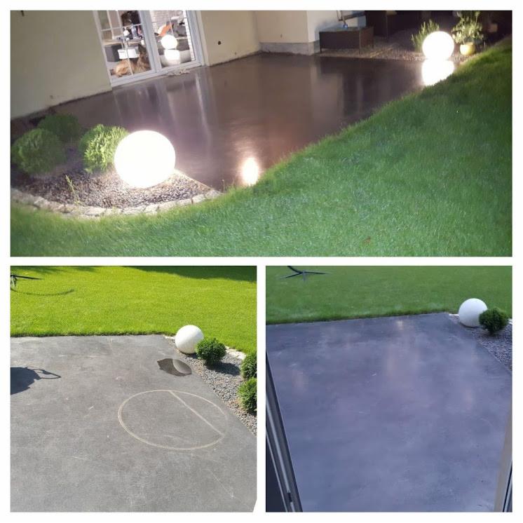 Błyszcząca, ciemna posadzka na zewnątrz domu z oświetleniem kulistym, widok z trzech różnych perspektyw w formie kolażu.