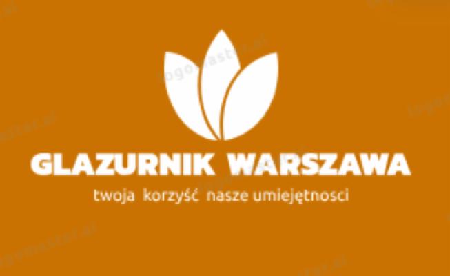 Logo firmy glazurniczej z Warszawy, z motywem białego kwiatu i hasłem 'Twoja korzyść, nasze umiejętności' na pomarańczowym tle.