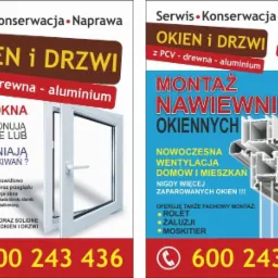 Ulotka reklamowa serwisu okien i drzwi z PCV, drewna i aluminium, oferującego naprawę, konserwację i montaż nawiewników okiennych, rolet, żaluzji i moskitier. Zawiera numer telefonu.