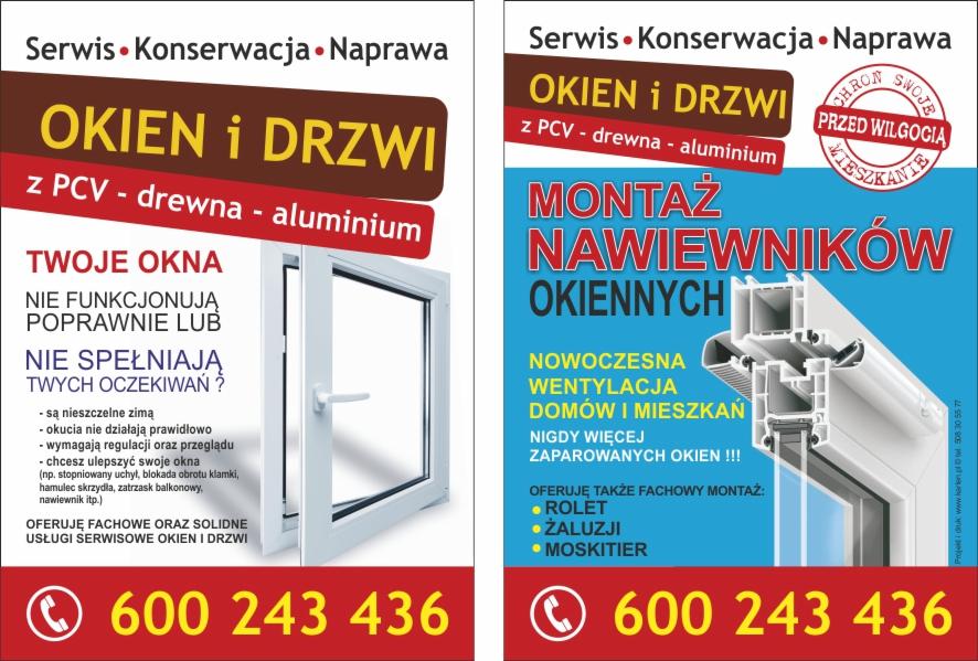 Ulotka reklamowa serwisu okien i drzwi z PCV, drewna i aluminium, oferującego naprawę, konserwację i montaż nawiewników okiennych, rolet, żaluzji i moskitier. Zawiera numer telefonu.
