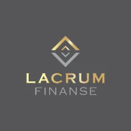 Logo firmy Lacrum Finanse na szarym tle, z symbolem dwóch rombów w kolorach złotym i srebrnym.