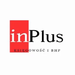 Logo firmy inPlus z czerwonym kwadratem w lewym g&oacute;rnym rogu, pod nim napis 'KSIĘGOWOŚĆ I BHP' czarną czcionką na białym tle.