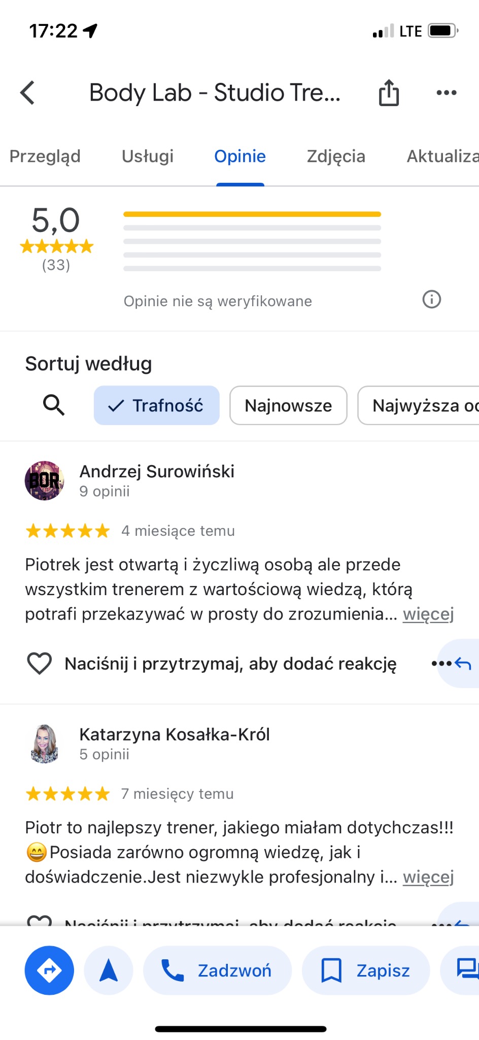 Zrzut ekranu strony z opiniami o studiu treningowym Body Lab, z oceną 5.0 na podstawie 33 opinii, zawierający recenzje użytkowników chwalących trenera Piotra za wiedzę i profesjonalizm.