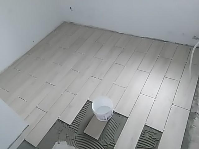 Układanie jasnych, podłużnych płytek podłogowych z krzyżykami dystansowymi w pomieszczeniu; widoczny kubeł z wodą i zaprawa klejowa.