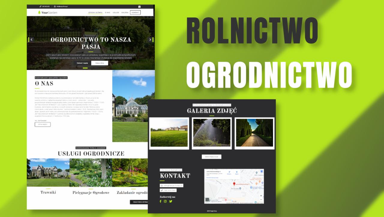 Prezentacja strony internetowej firmy ogrodniczej z zielonym tłem, z widocznymi sekcjami: O nas, Usługi ogrodnicze (trawniki, pielęgnacja, zakładanie ogrodów), Galeria zdjęć, Kontakt z mapą.