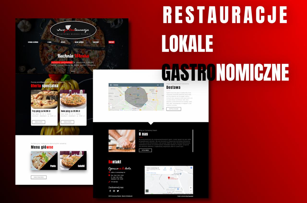 Zrzut ekranu strony internetowej restauracji włoskiej z Lublina, prezentujący ofertę specjalną pizzy, menu główne z pastą i sałatkami, mapę dostawy, informacje kontaktowe oraz sekcję 'O nas'...