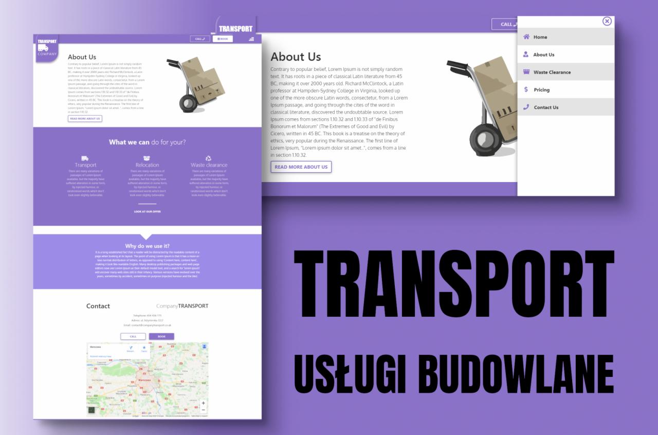Mockup strony internetowej firmy transportowej z menu bocznym, sekcją 'O nas' i elementami graficznymi w odcieniach fioletu, prezentujący usługi transportowe, relokacyjne i wywóz odpadów.