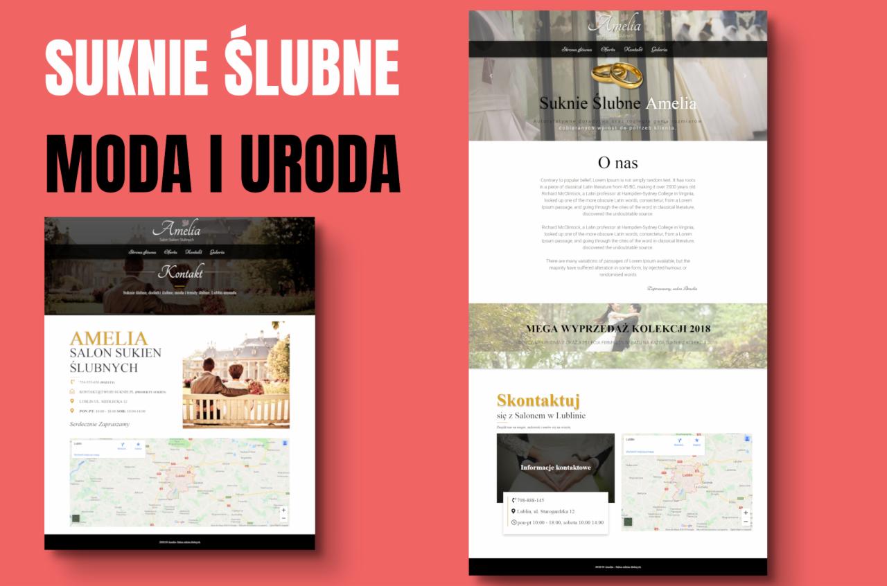 Dwa ekrany prezentujące wygląd strony internetowej salonu sukien ślubnych Amelia, z widocznymi elementami menu, sekcjami 'O nas' i 'Kontakt', oraz mapą dojazdu do salonu w Lublinie.