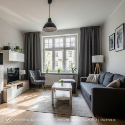 INWERSA Edyta Werkowska - Jasny salon w Zabrzu z szarą sofą, fotelem i dywanem. Białe meble i duże okno z roślinami. Minimalistyczny wystrój z czarnymi lampami i grafikami na ścianie.