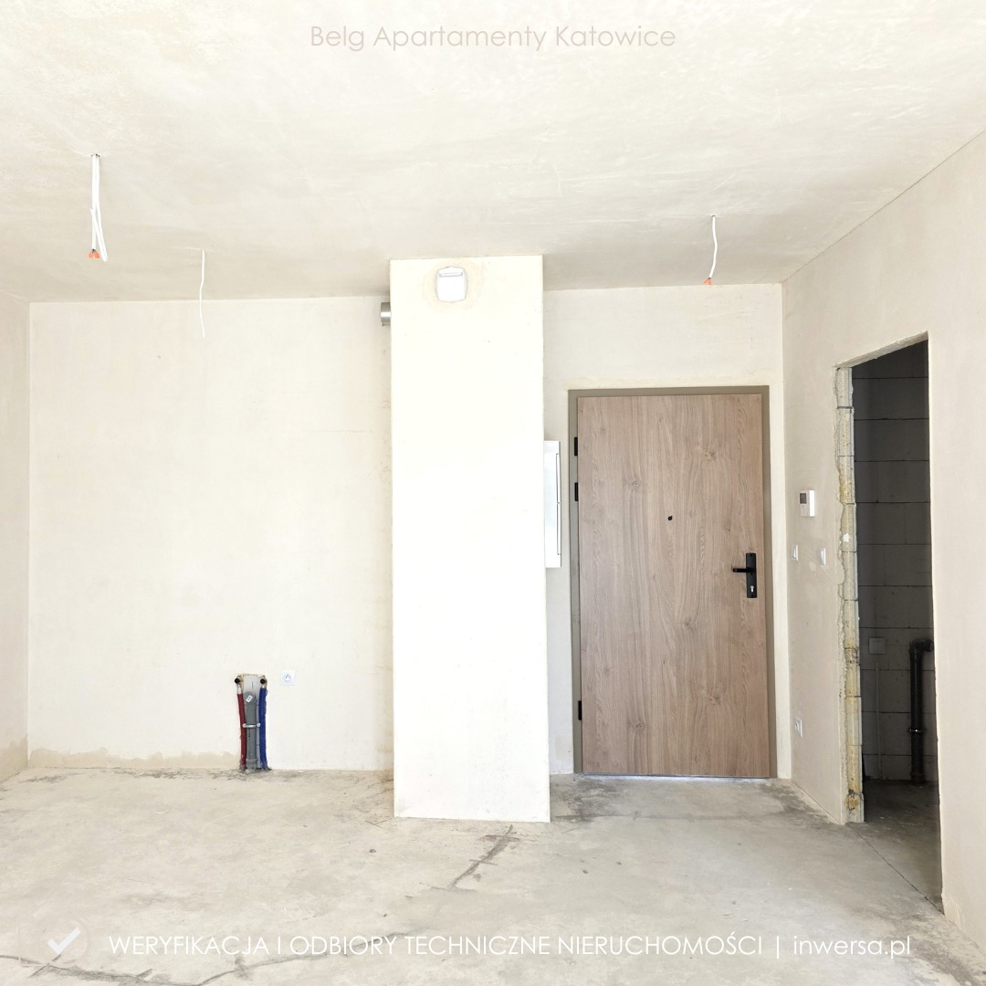 Wnętrze mieszkania w stanie deweloperskim: surowe ściany, instalacje elektryczne wystające z sufitu, piony wod-kan, drzwi wejściowe. Podłoga betonowa.