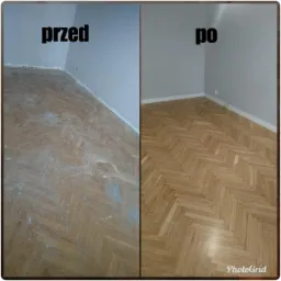 Porównanie stanu parkietu przed i po renowacji: zmatowiona, zabrudzona powierzchnia po lewej, odnowiony, błyszczący parkiet ułożony w jodełkę po prawej, widoczne różnice w kolorze i fakturze drewna...